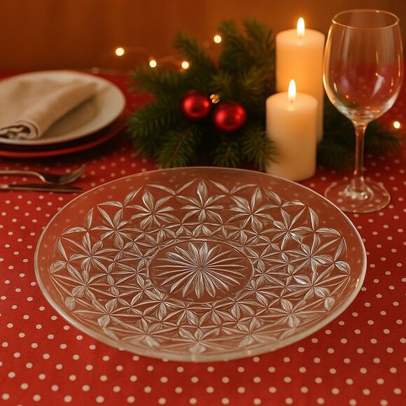 Vintage Clear Pressed Glass  Platter 15” Starburst Daisy Pattern Plate Retro - Picture 1 of 5